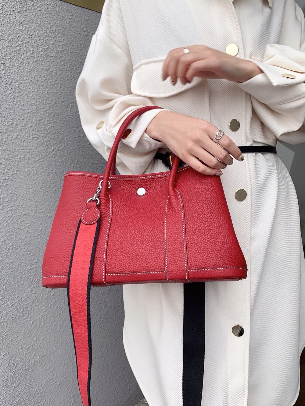 Classic Red Pebbled Tote with Contrast Strap